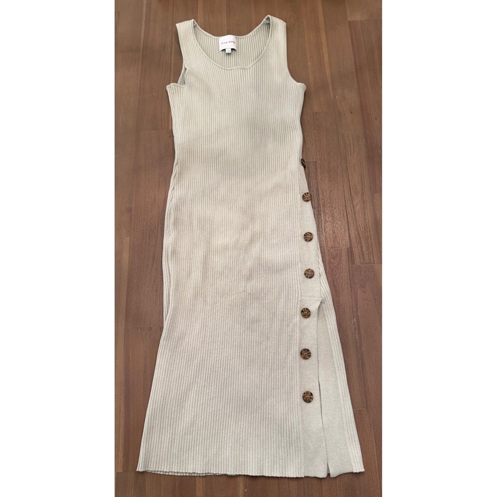 Pink Rose Womens Ribbed Knit Sleeveless Midi Dress Sage Green Button Side Slit L